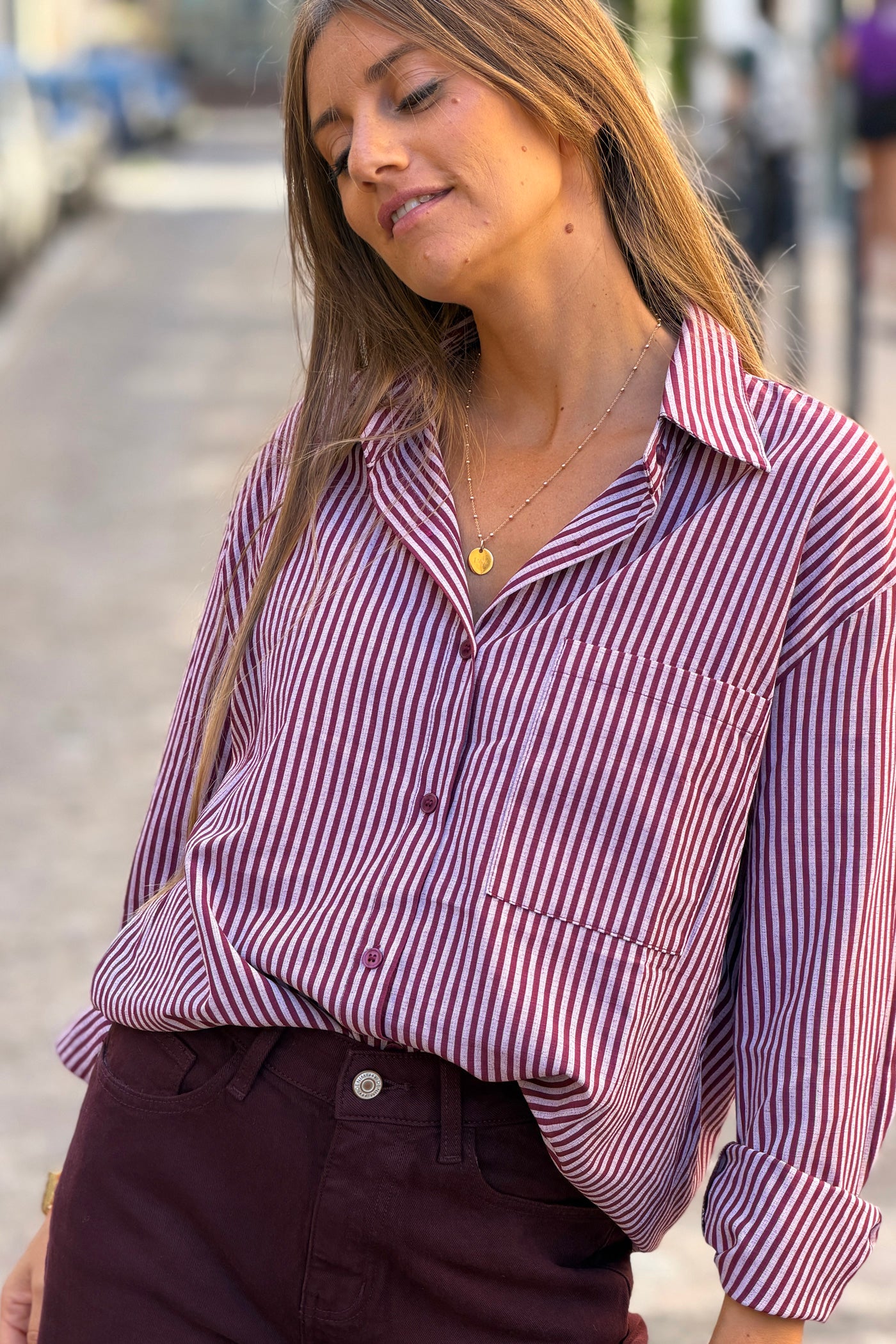 Aubergine Pinstripe Button-Down Blouse