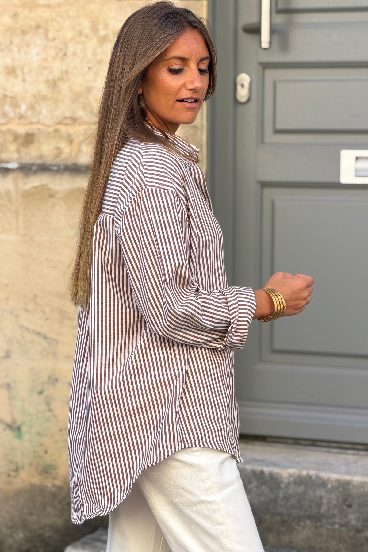 Mocha Brown Pinstripe Button-Down Blouse