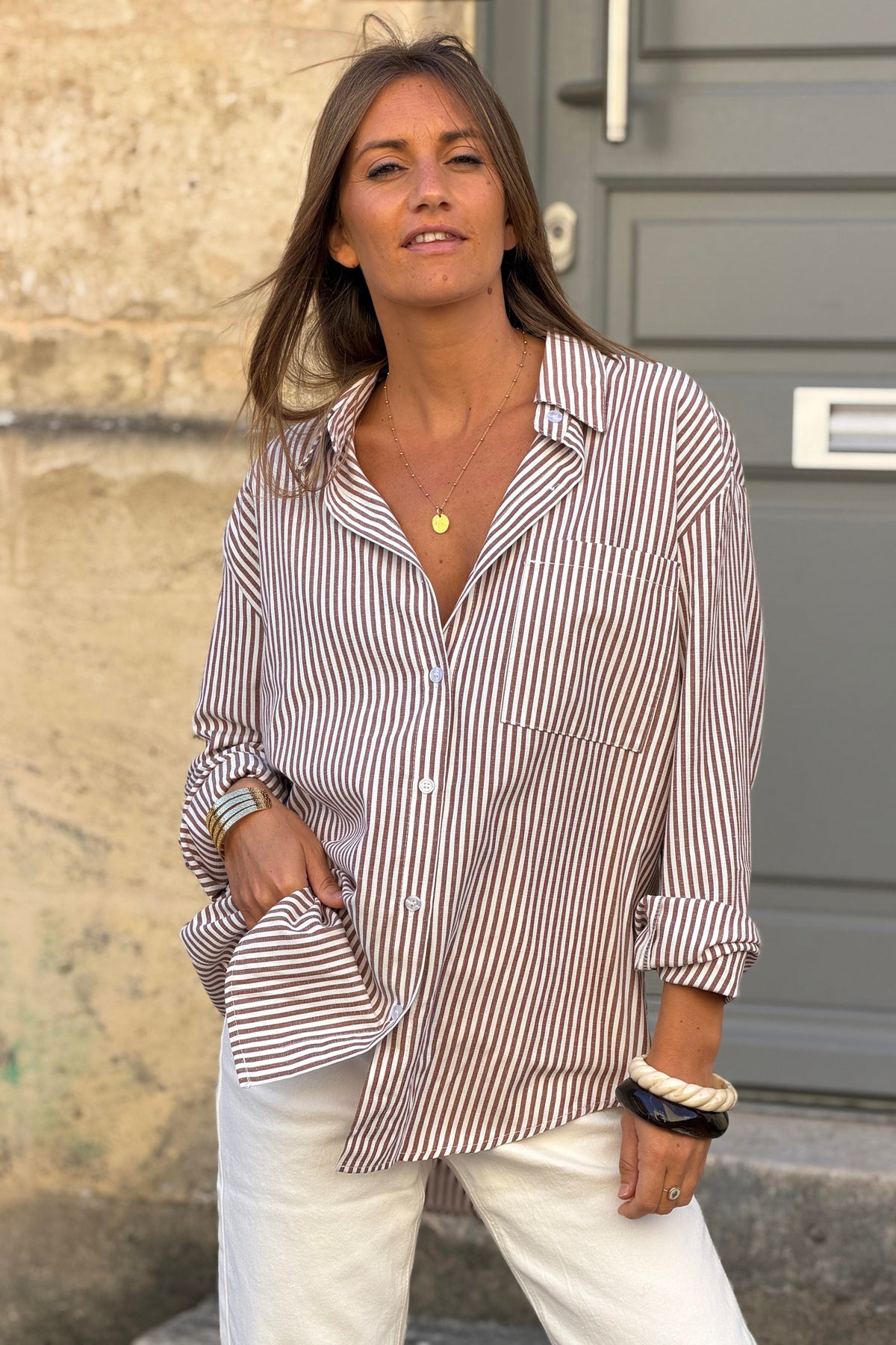 Mocha Brown Pinstripe Button-Down Blouse