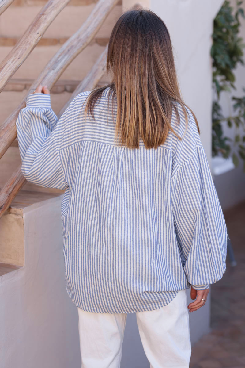 Relaxed fit sky blue striped cotton shirt with frills