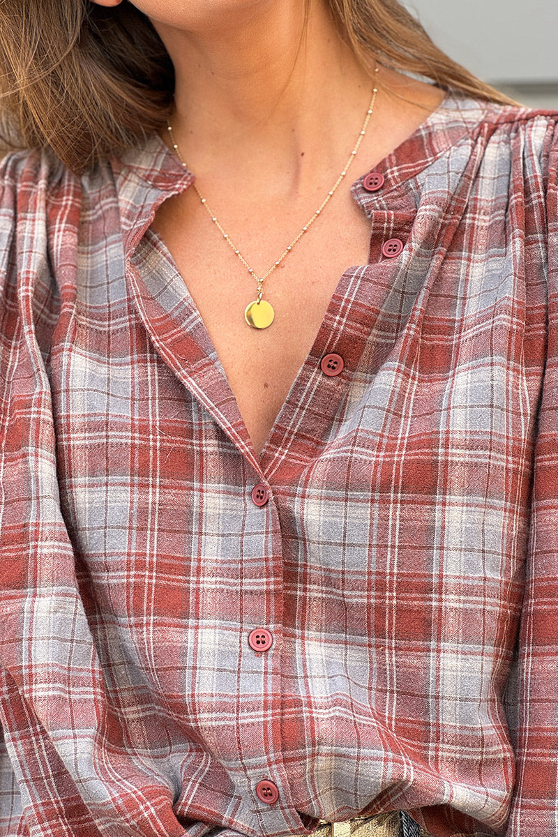 Burgundy Tartan Plaid Blouse