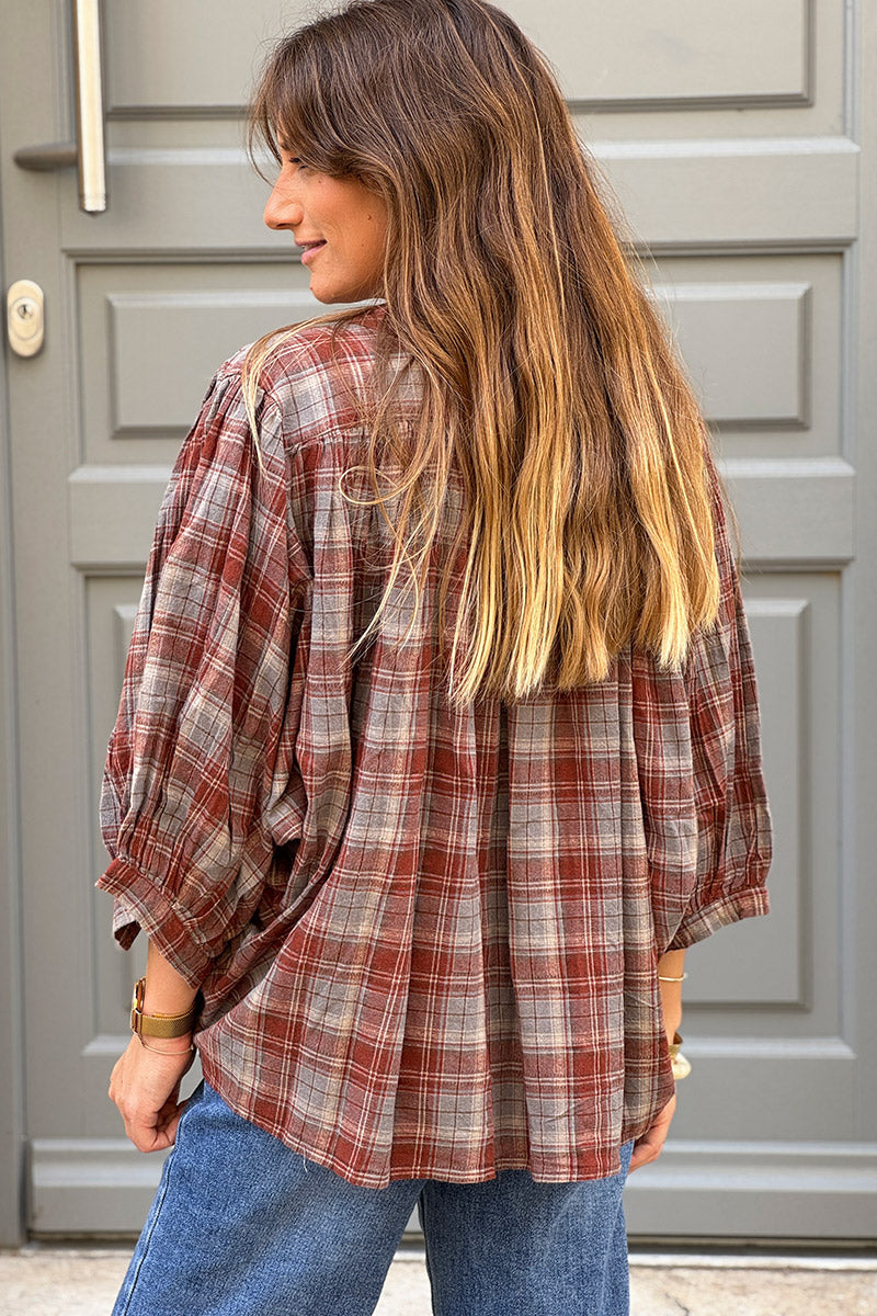 Burgundy Tartan Plaid Blouse