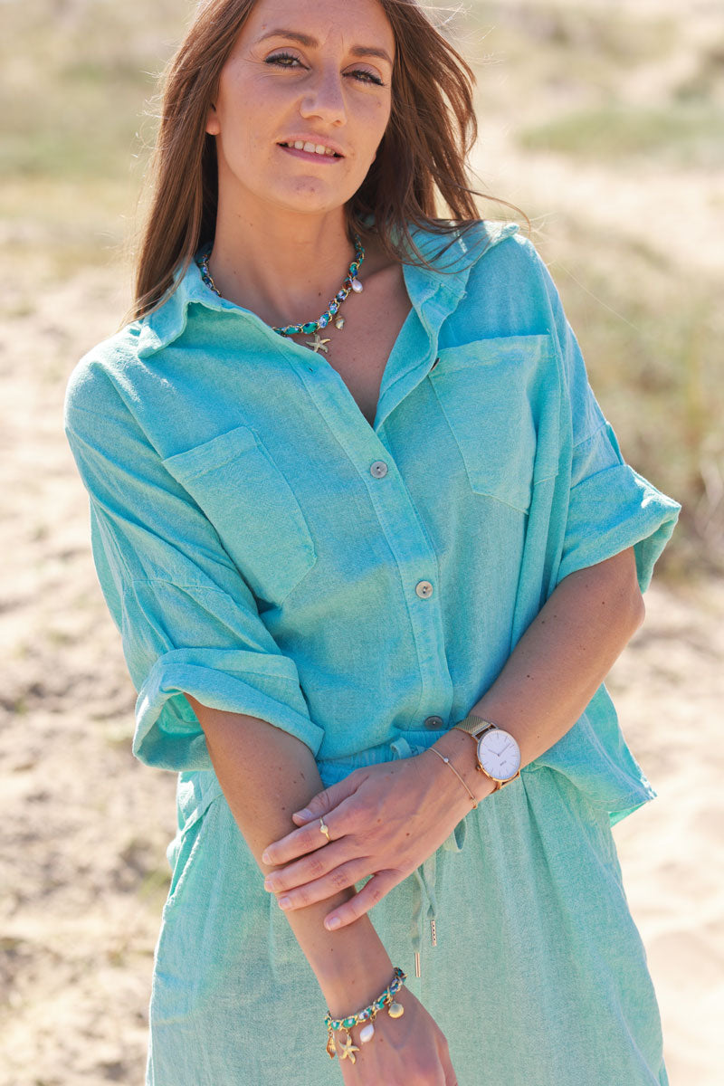 Chemise turquoise délavé souple en coton manches 3/4 et grandes poches