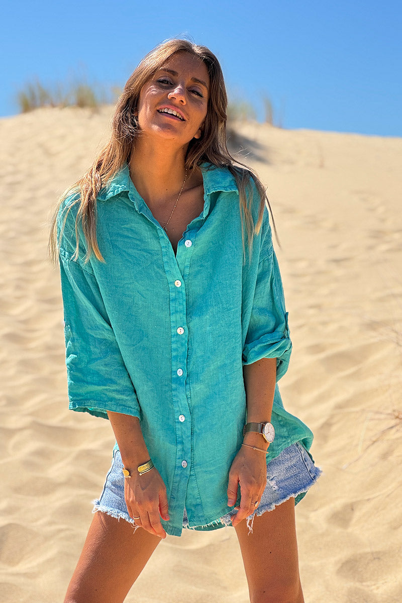 Turquoise Roll-Cuff Button-Down Blouse