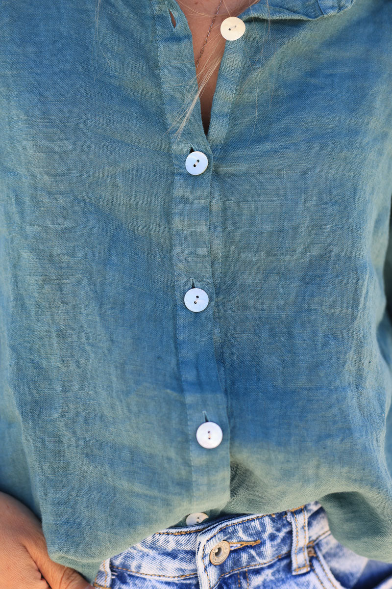 Celadon green linen shirt with mother of pearl buttons