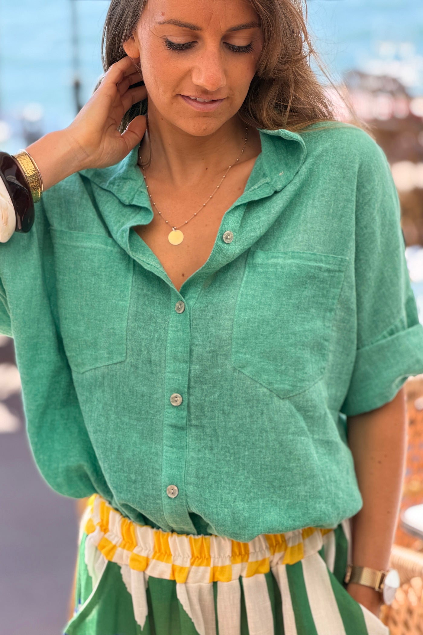 Green Soft Cotton Blouse with 3/4 sleeves and large Pockets