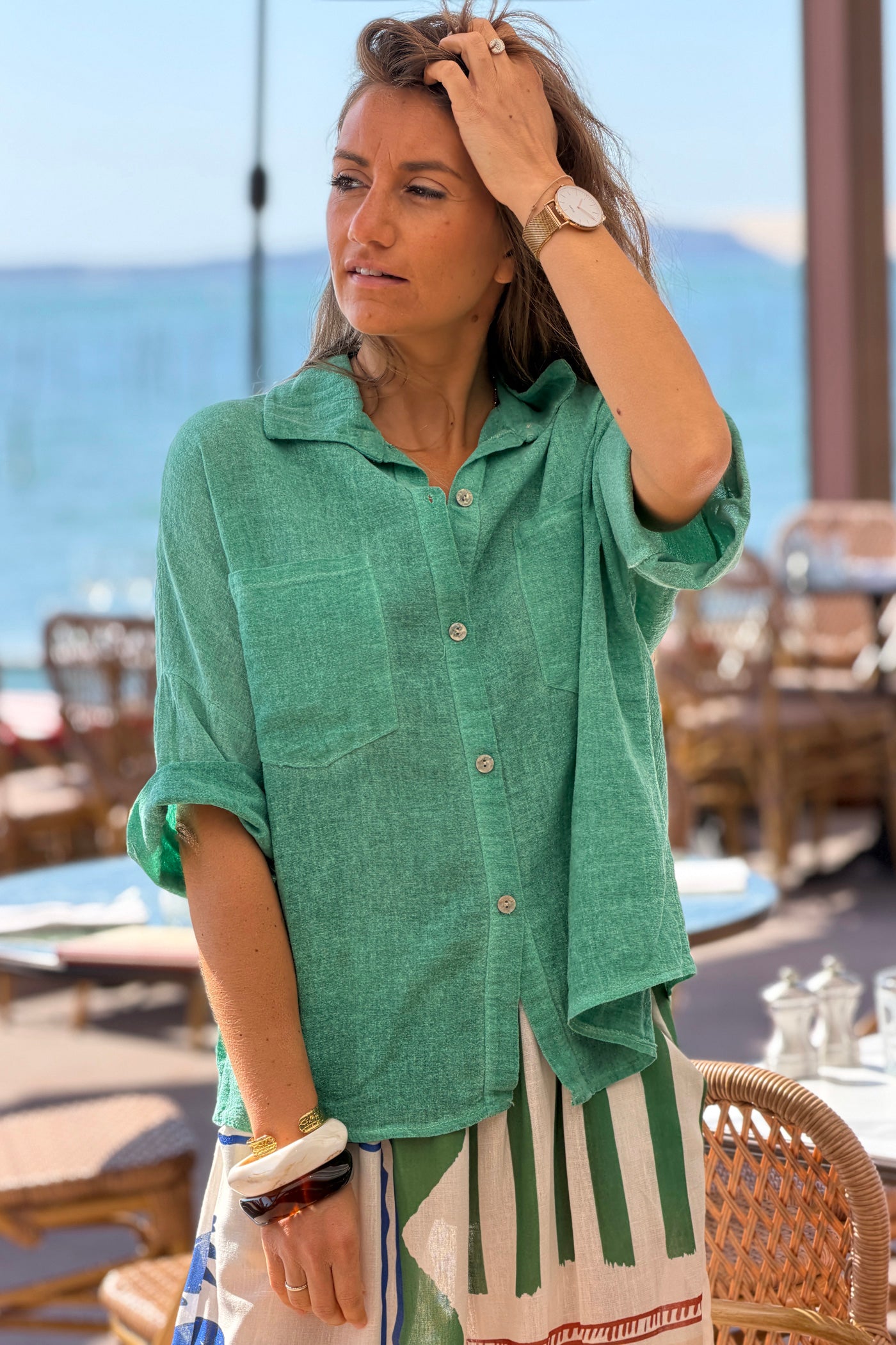 Green Soft Cotton Blouse with 3/4 sleeves and large Pockets