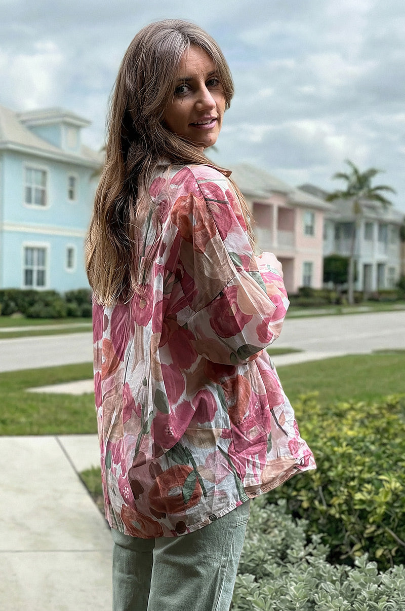 Chemise voile de coton imprime fleurs peinture aquarelle tons roses