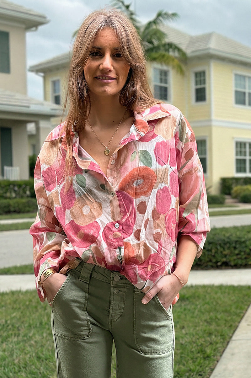 Chemise voile de coton imprime fleurs peinture aquarelle tons roses