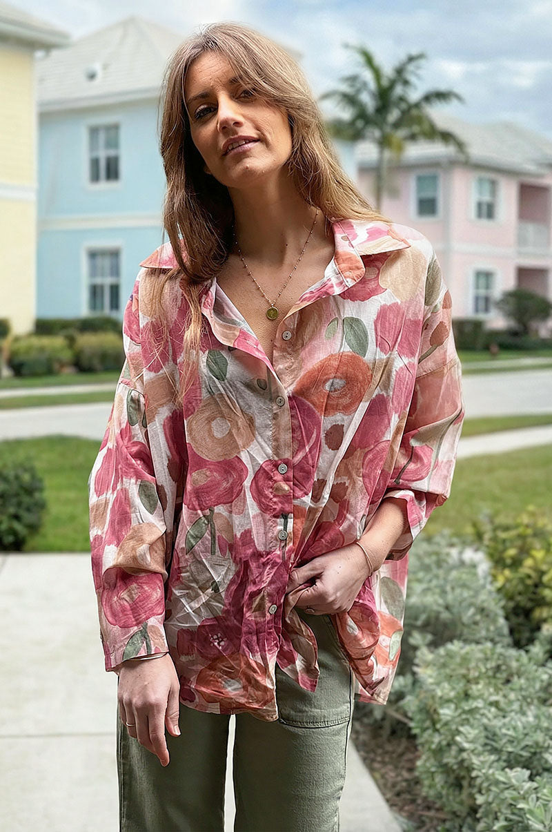 Chemise voile de coton imprime fleurs peinture aquarelle tons roses