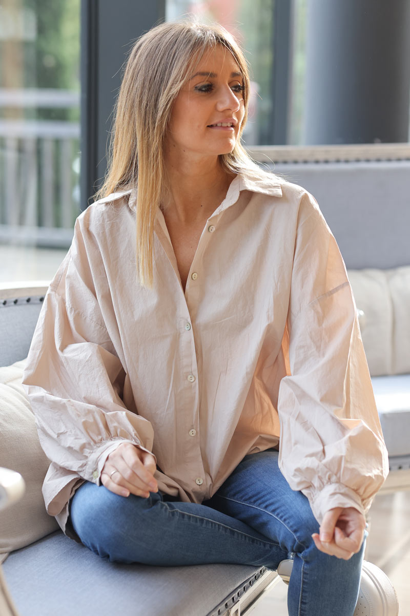Beige oversized cotton shirt with batwing sleeves