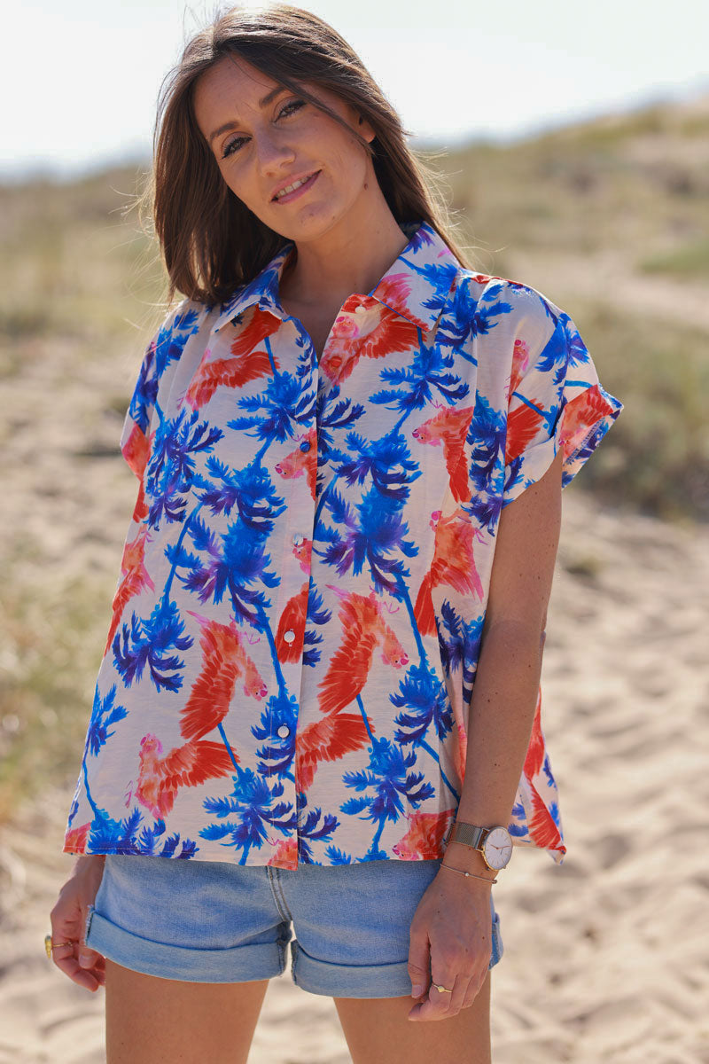 Cream Neon Palm Print Hawaiian Style Shirt