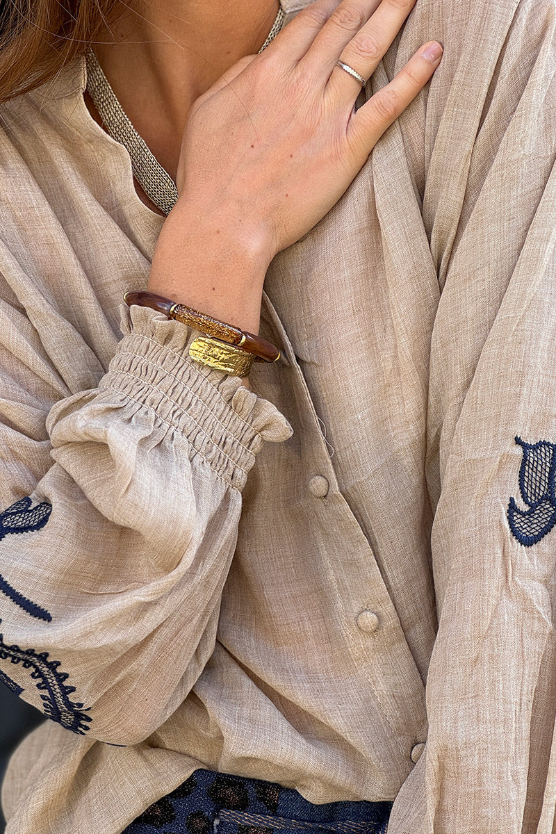 Beige Embroidered Gauze Peasant Blouse