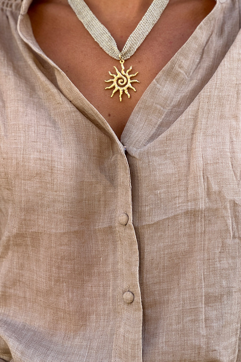 Beige Embroidered Gauze Peasant Blouse