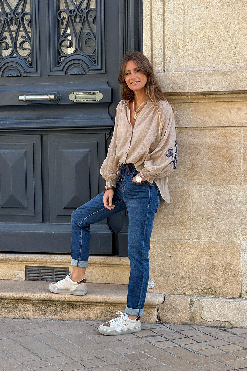 Beige Embroidered Gauze Peasant Blouse