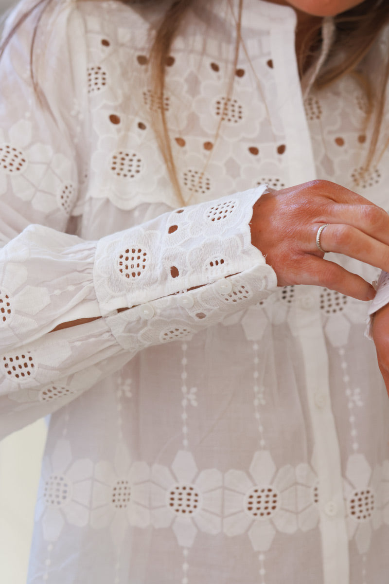 White Floral Embroidered Cotton Button-Down Blouse