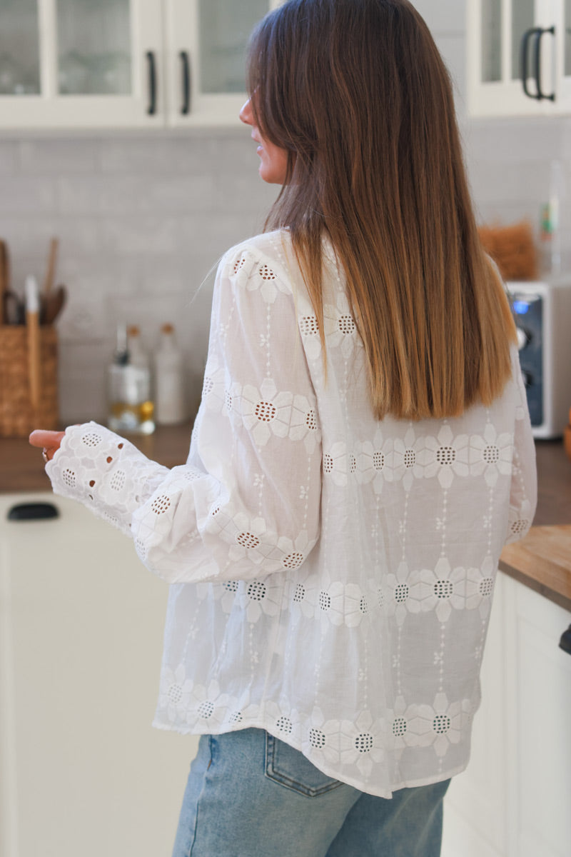 White Floral Embroidered Cotton Button-Down Blouse