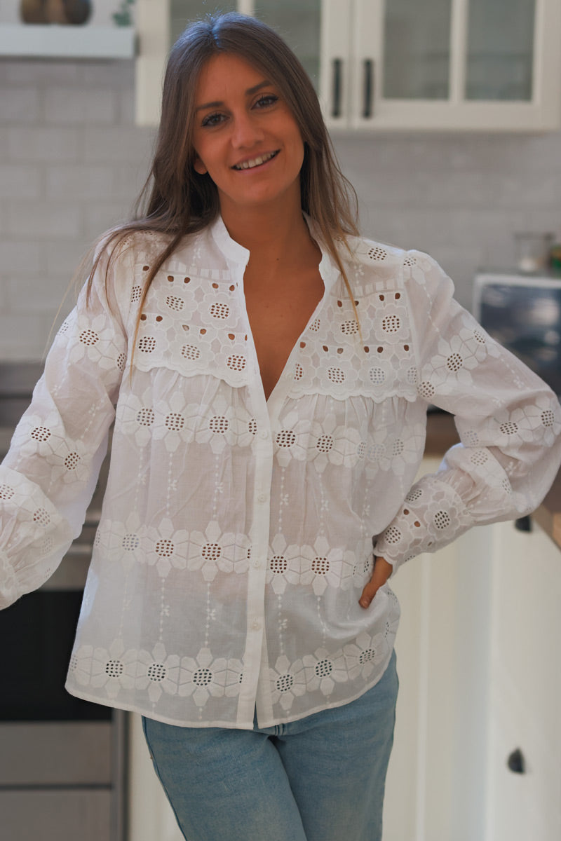 White Floral Embroidered Cotton Button-Down Blouse