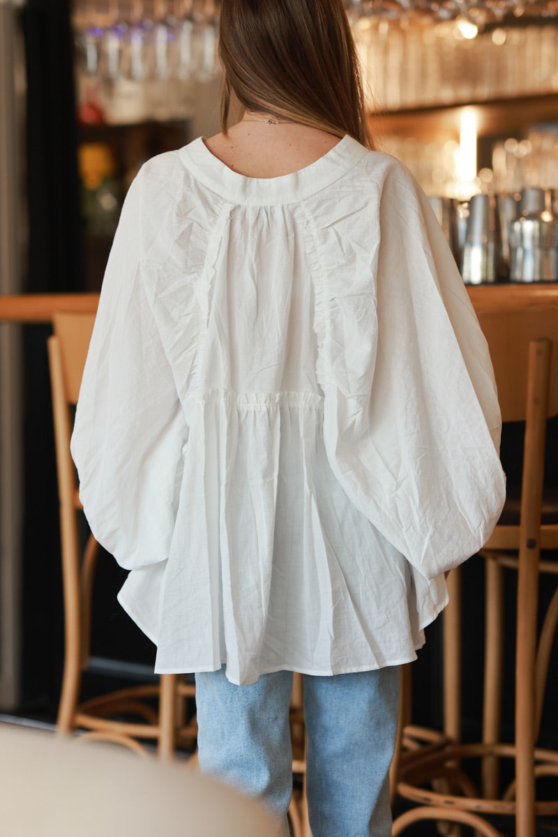 White Cotton Button-Down Peasant Blouse