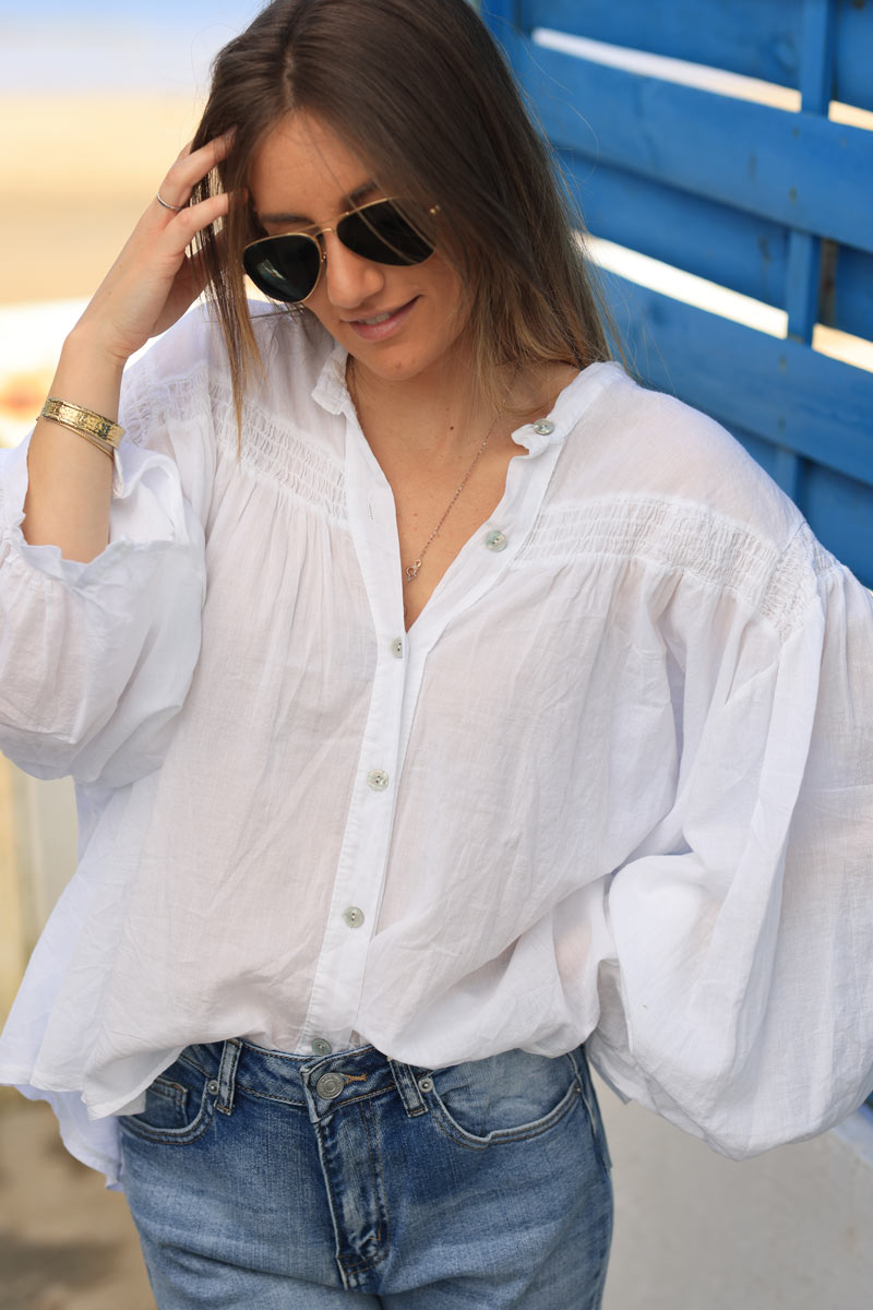 White semi sheer flare cotton shirt with smock panel on the chest
