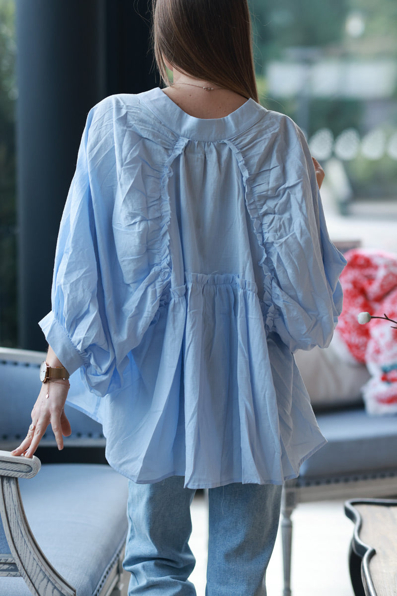 Sky blue Cotton Button-Down Peasant Blouse