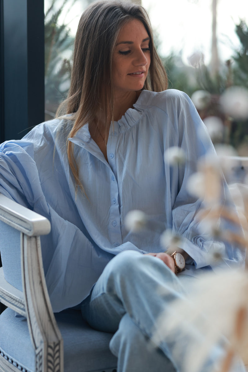 Sky blue Cotton Button-Down Peasant Blouse