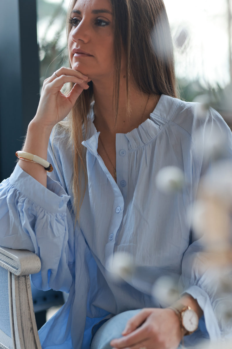 Sky blue Cotton Button-Down Peasant Blouse