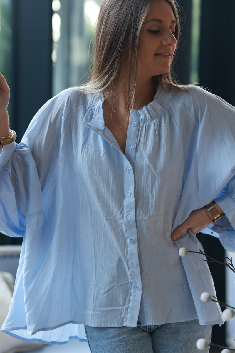 Sky blue Cotton Button-Down Peasant Blouse