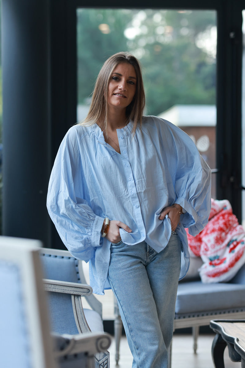 Sky blue Cotton Button-Down Peasant Blouse