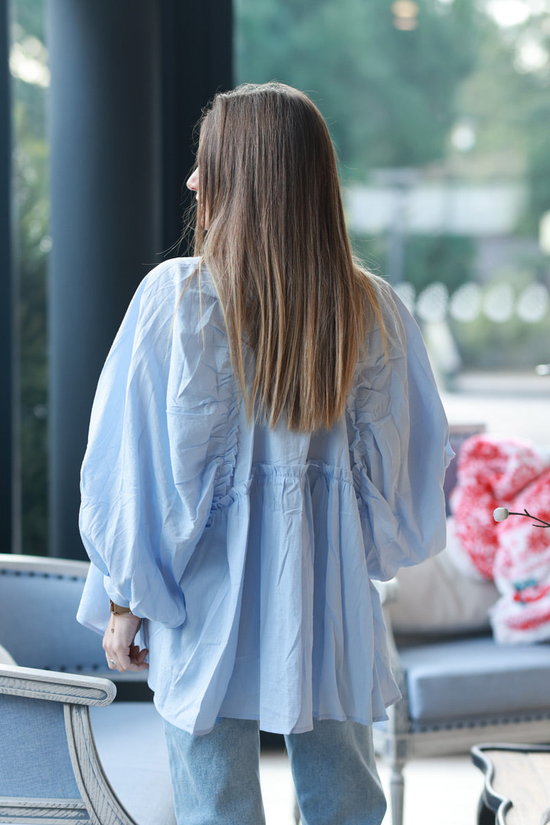 Sky blue Cotton Button-Down Peasant Blouse