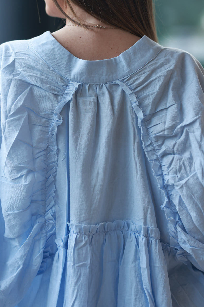 Sky blue Cotton Button-Down Peasant Blouse