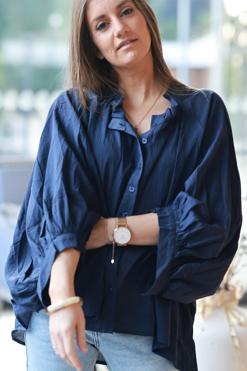 Navy Blue Cotton Button-Down Peasant Blouse