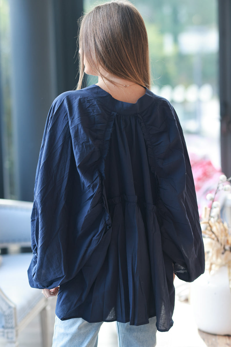 Navy Blue Cotton Button-Down Peasant Blouse