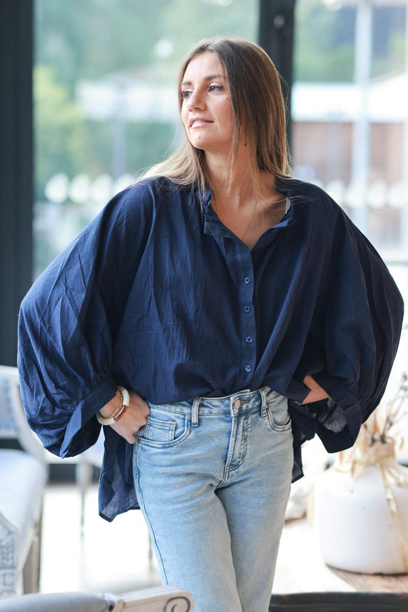 Navy Blue Cotton Button-Down Peasant Blouse