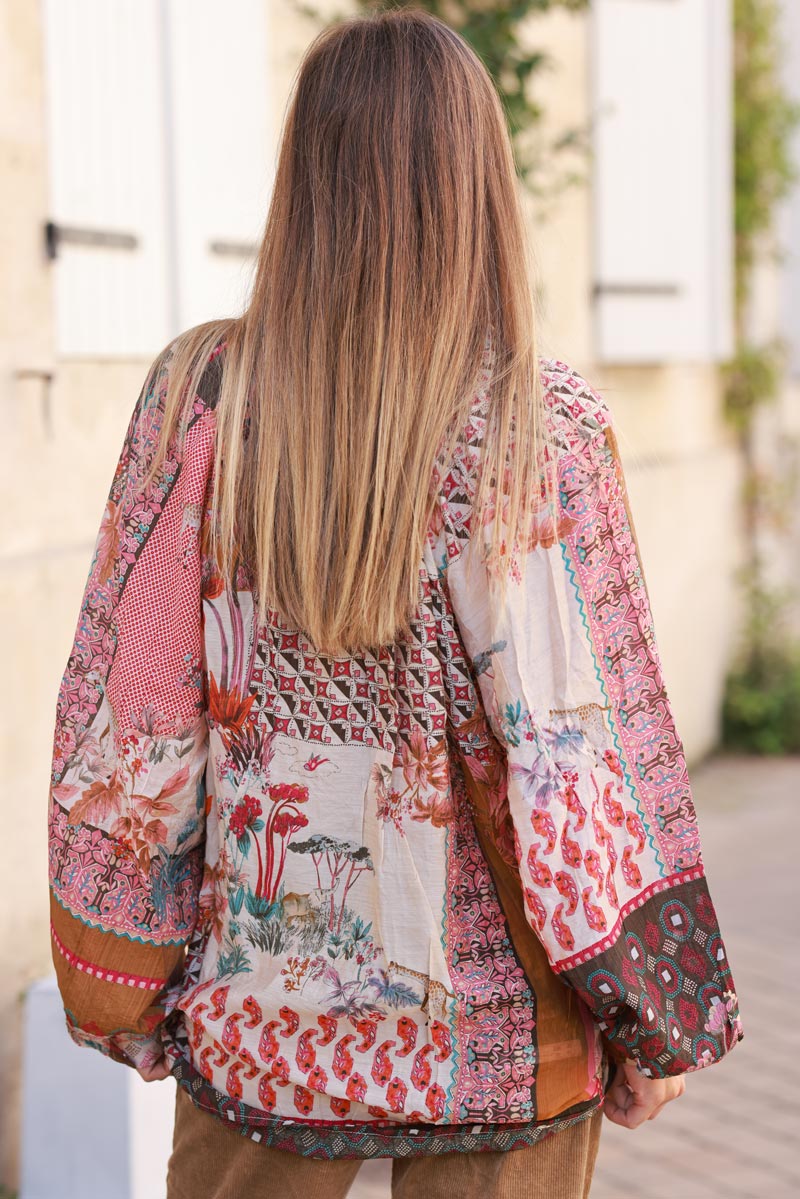 Burgundy cotton shirt with a variety of floral and graphic prints