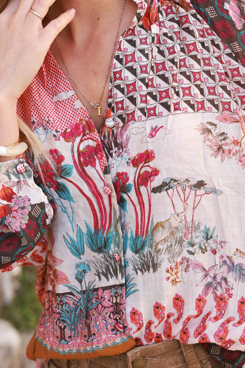 Burgundy cotton shirt with a variety of floral and graphic prints