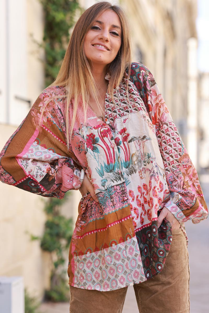 Burgundy cotton shirt with a variety of floral and graphic prints