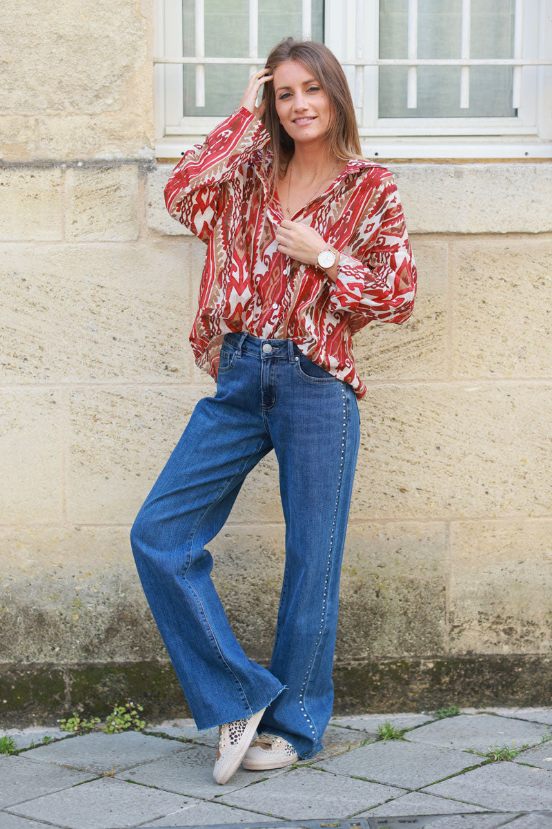 Blusa voile de algodón con estampado étnico rojo terracota