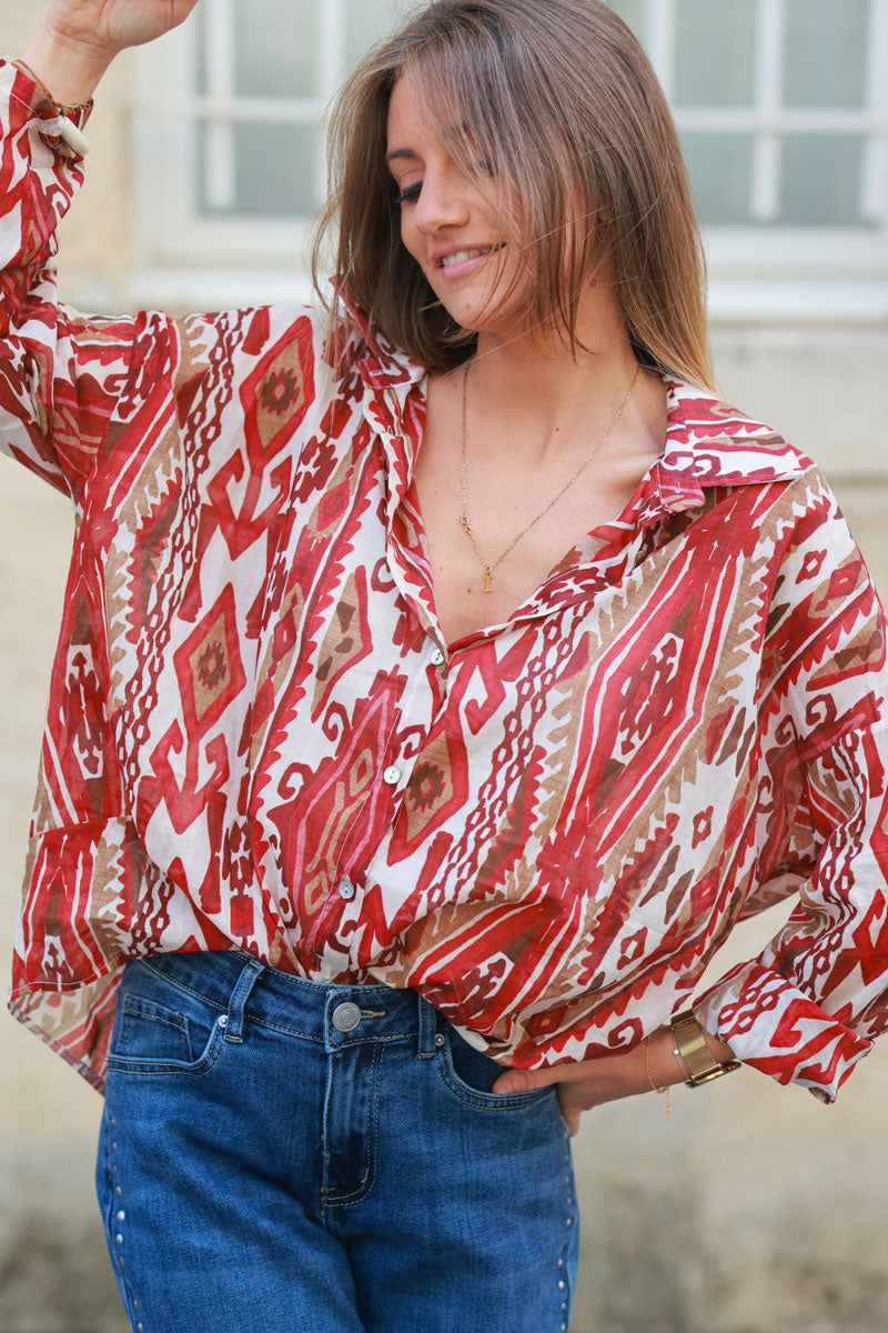 Boho terracotta cotton voile shirt with ethnic pattern