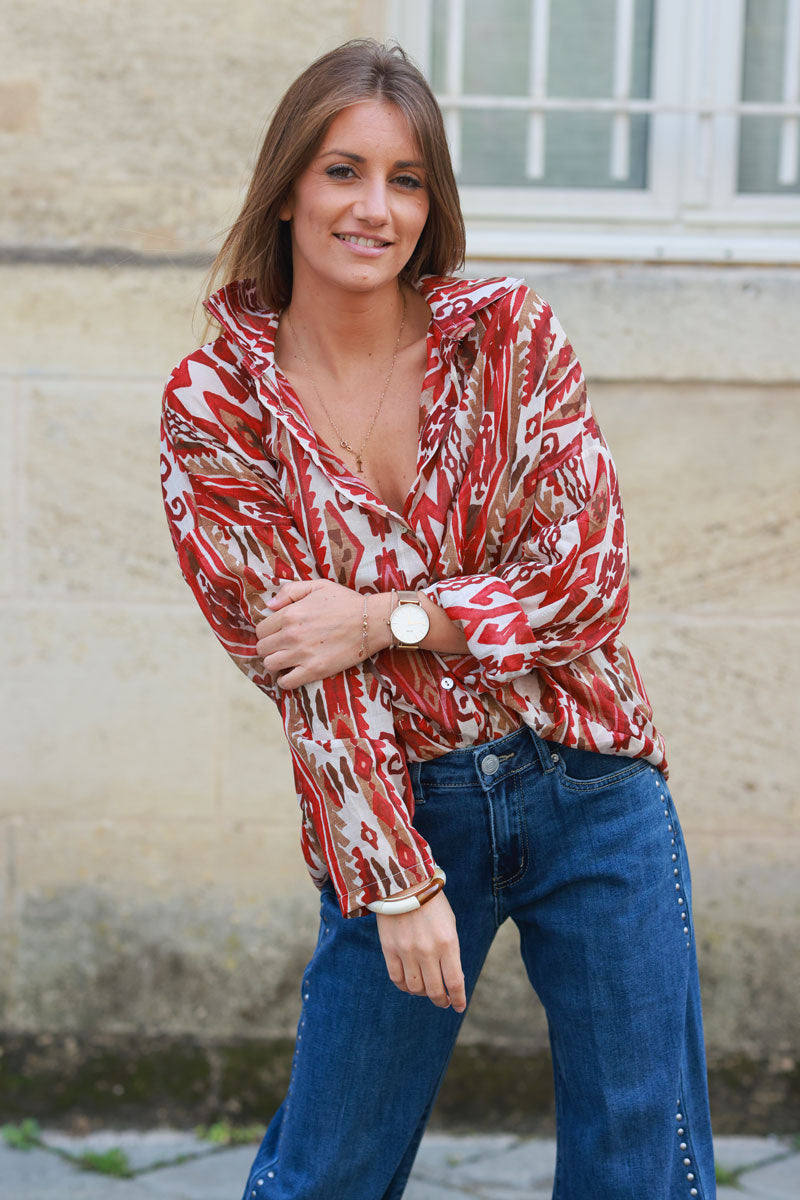 Blusa voile de algodón con estampado étnico rojo terracota