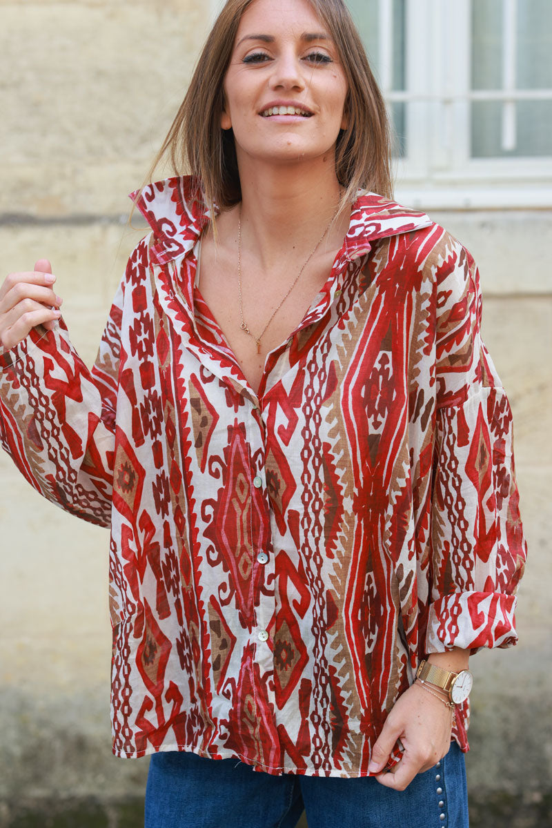 Boho terracotta cotton voile shirt with ethnic pattern