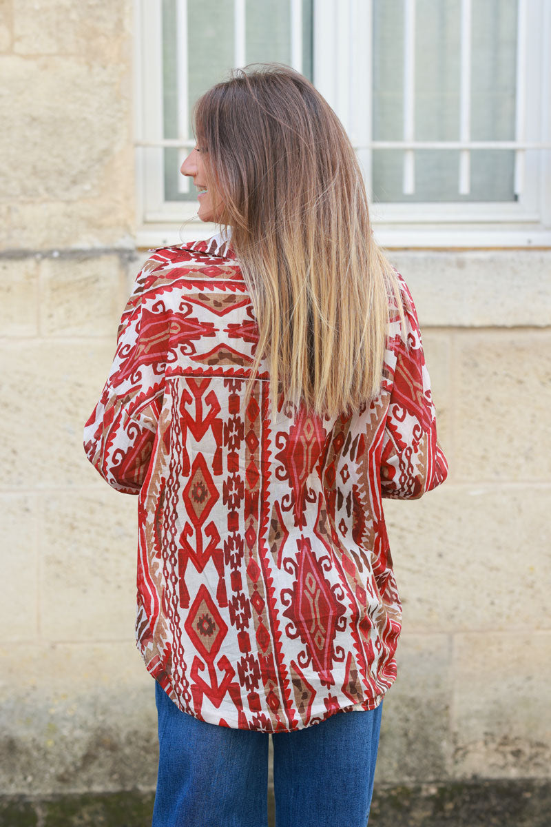 Boho terracotta cotton voile shirt with ethnic pattern