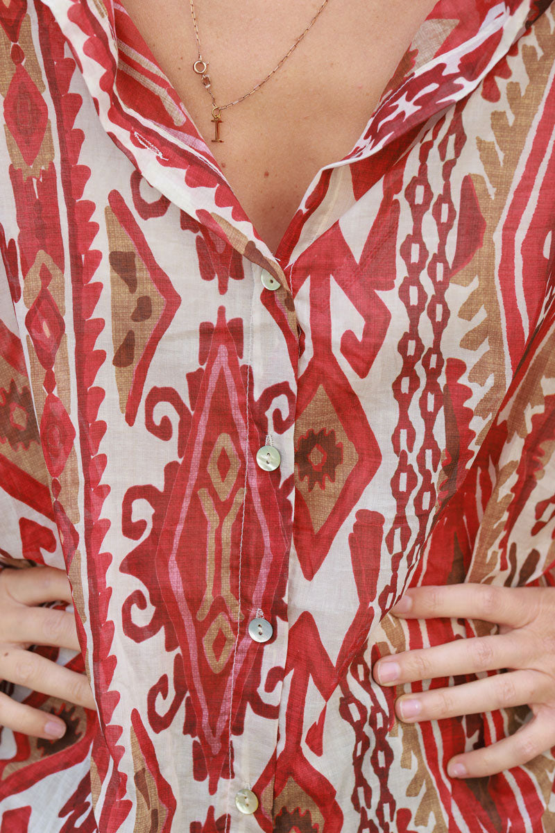 Boho terracotta cotton voile shirt with ethnic pattern