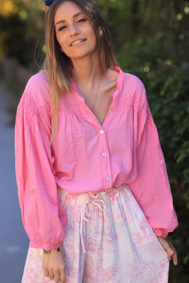Fuchsia semi sheer flare cotton shirt with smock panel on the chest