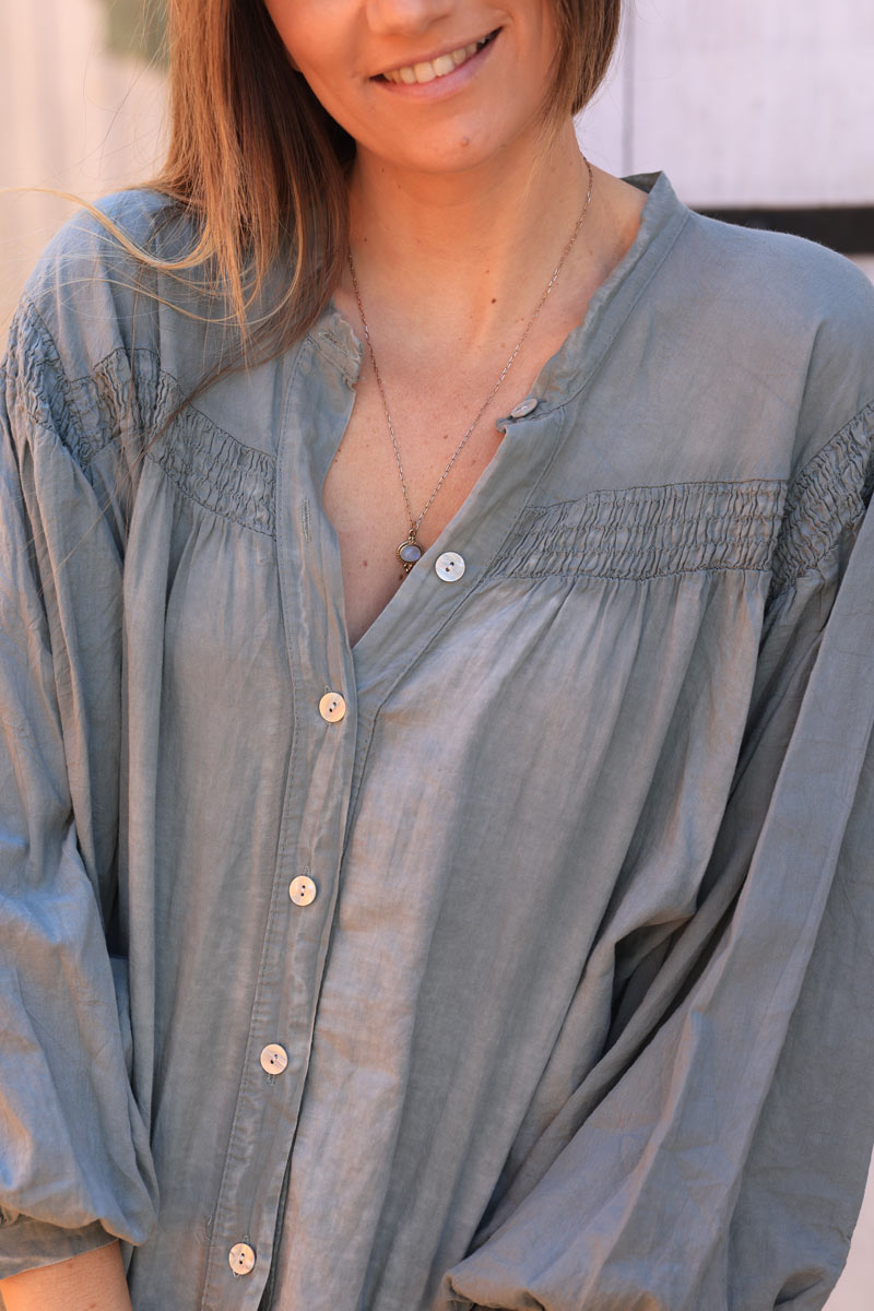 Khaki semi sheer flare cotton shirt with smock panel on the chest