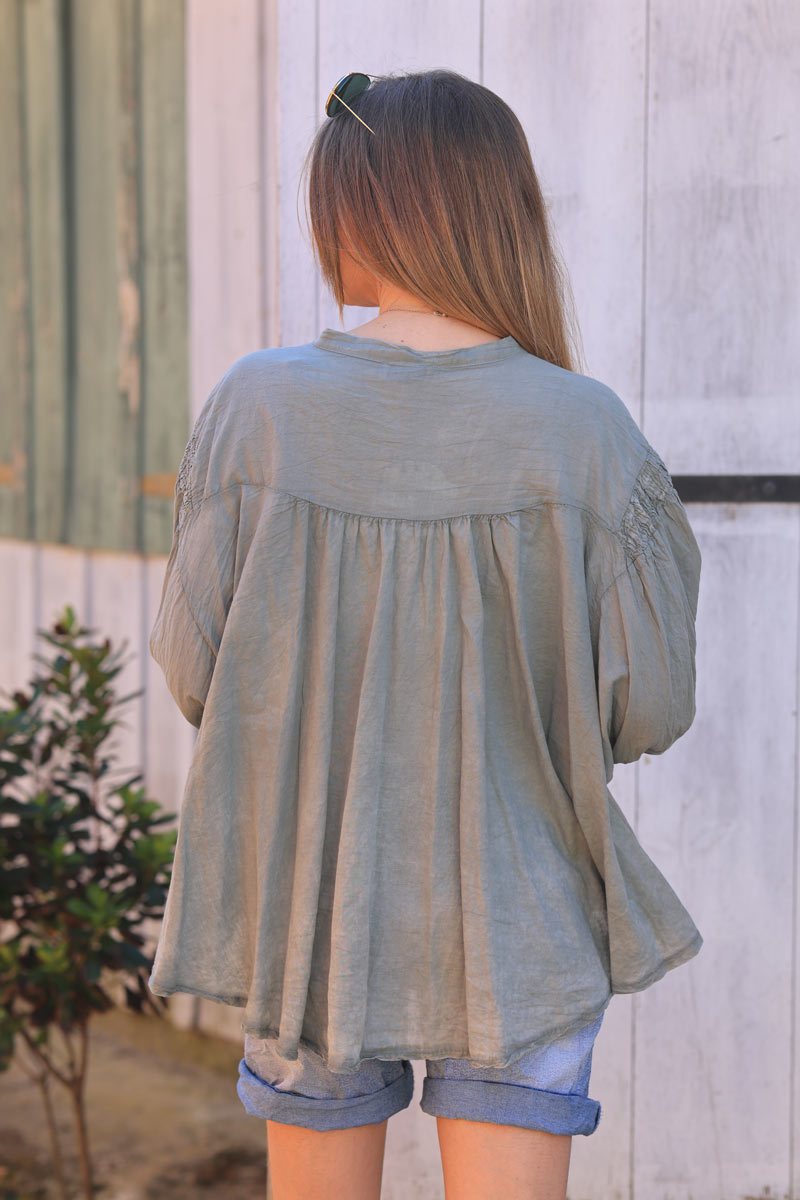 Khaki semi sheer flare cotton shirt with smock panel on the chest