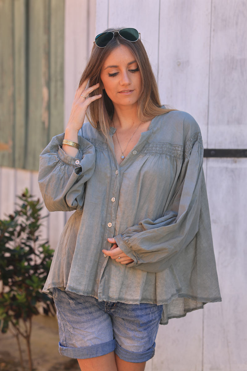 Khaki semi sheer flare cotton shirt with smock panel on the chest