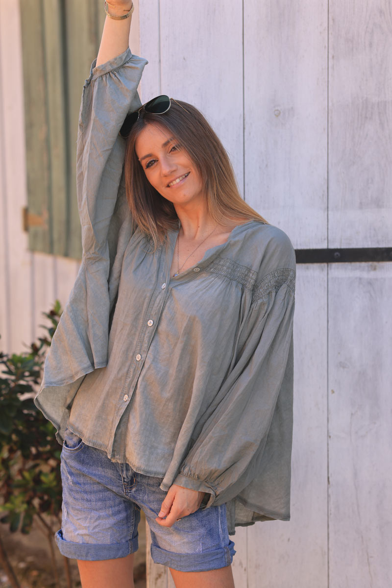 Khaki semi sheer flare cotton shirt with smock panel on the chest