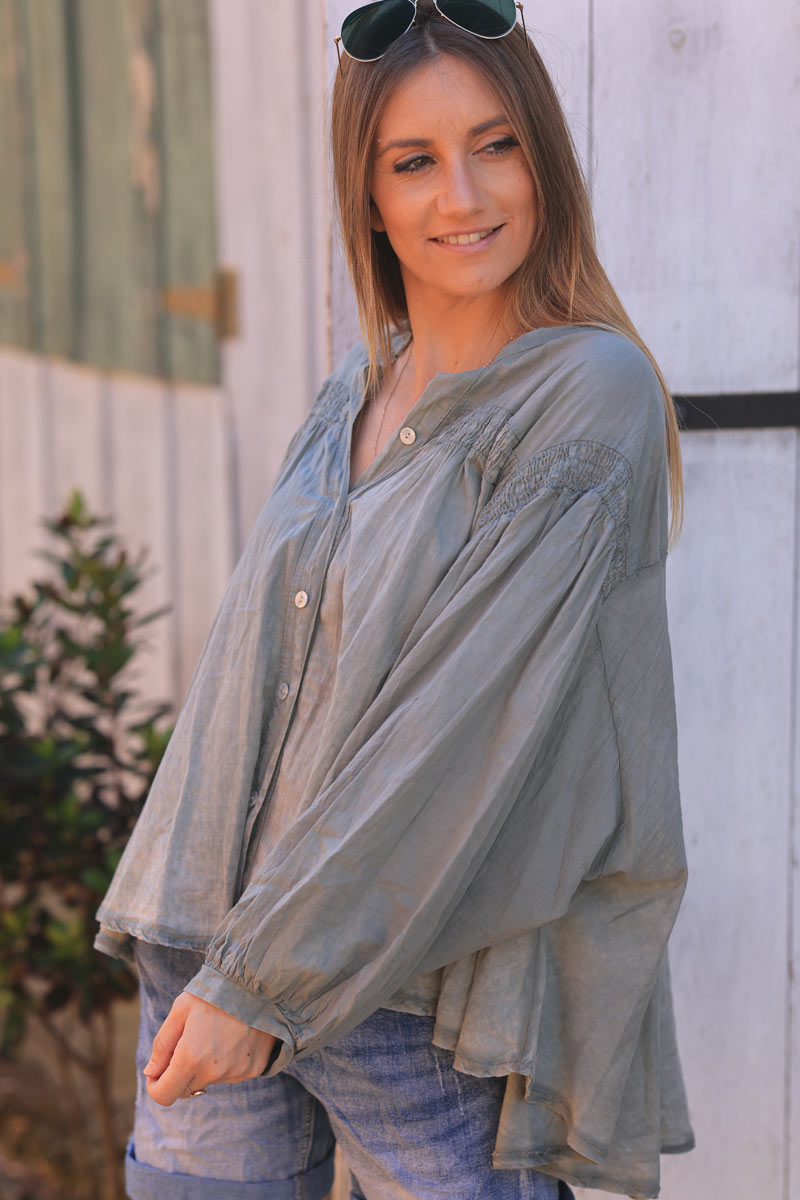 Khaki semi sheer flare cotton shirt with smock panel on the chest