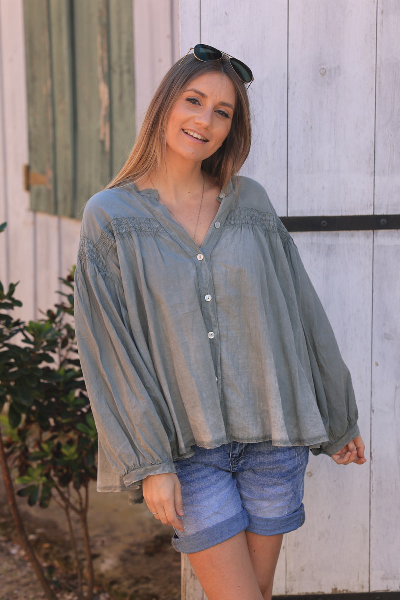 Khaki semi sheer flare cotton shirt with smock panel on the chest